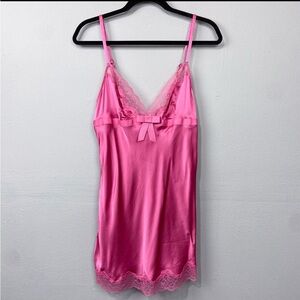 Victoria's Secret Y2K Very Sexy Pink Silk Lace Trimmed Bow Chemise Sz L Coquette